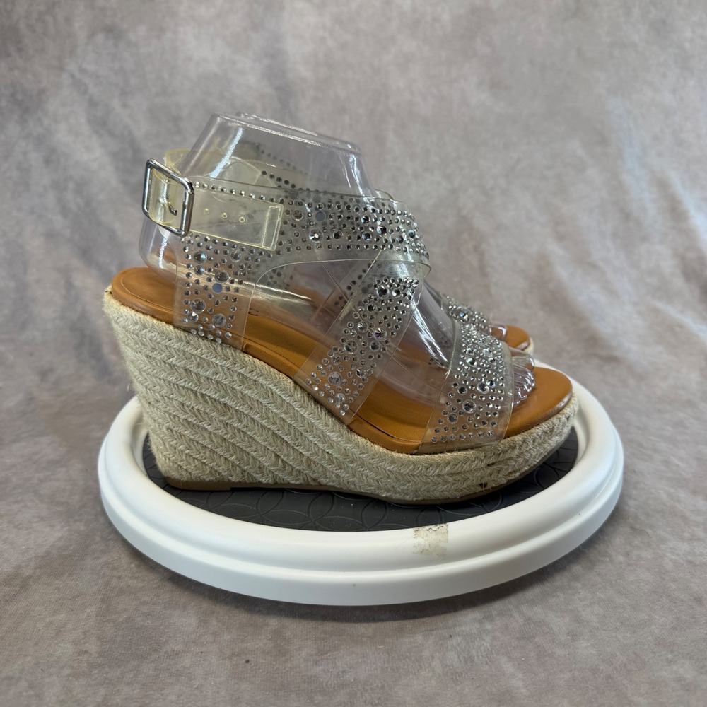 Espadrille Wedge Sandals Women 7WW Clear Rhinestone Platform 40185175